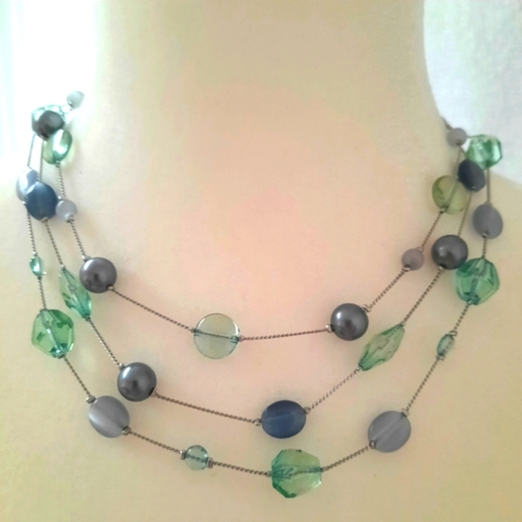 Beautiful Lia Sophia 3 Strand Aqua, Gray, Blue, Silver Tone Beaded Necklace 20" - Picture 1 of 5